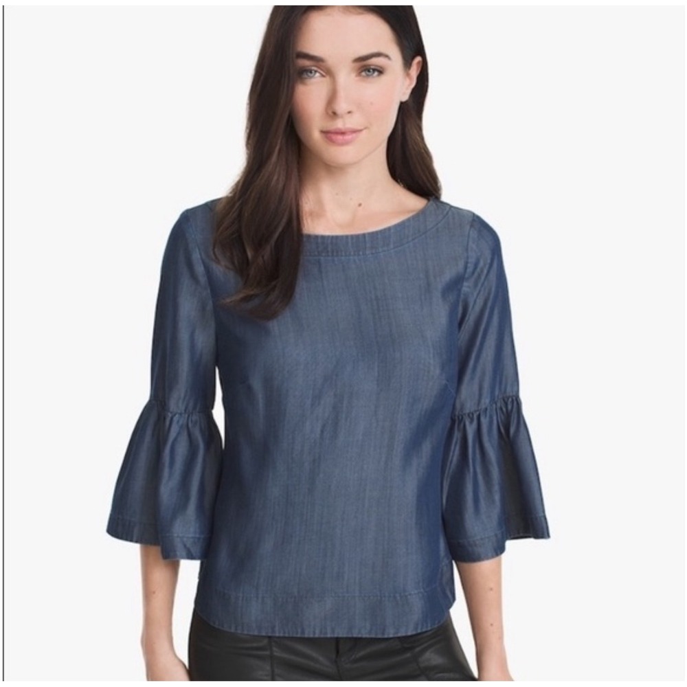 White House Black Market Blue Chambray Flare 3/4‎ Sleeve Top Shirt Women's 10